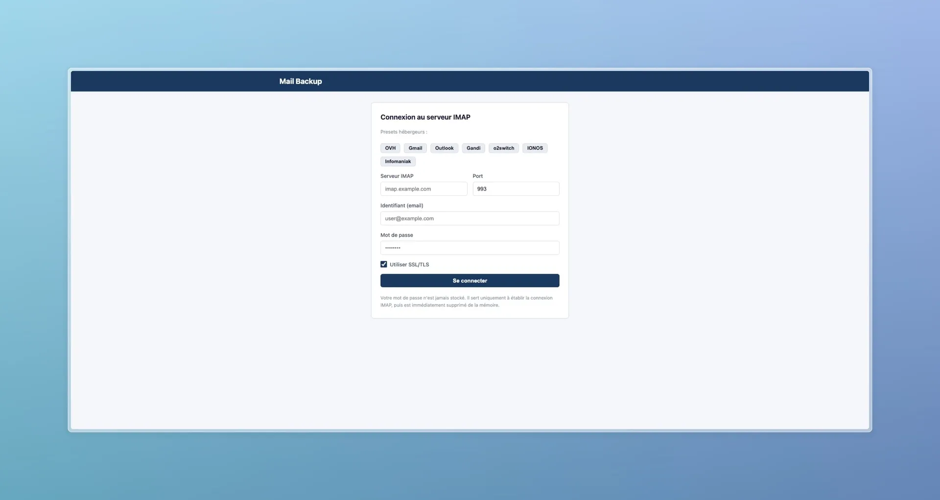Interface de connexion de Mail Backup avec presets hébergeurs